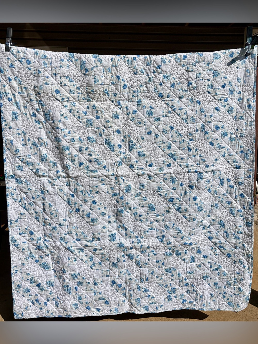 Handmade Jacob's Ladder Quilt Blue White Floral Throw Lap Quilt 58x69 Cotton